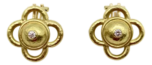 Vintage Elizabeth Locke Quatrefoil 18k Gold and Diamond Earrings, A Pair