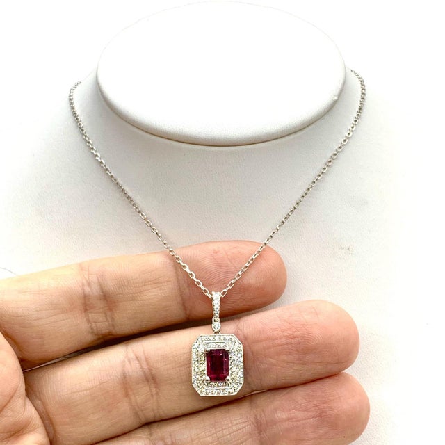 Diamond Rubellite Tourmaline Necklace 18" 18k Gold 1.80 TCW Certified For Sale - Image 12 of 16