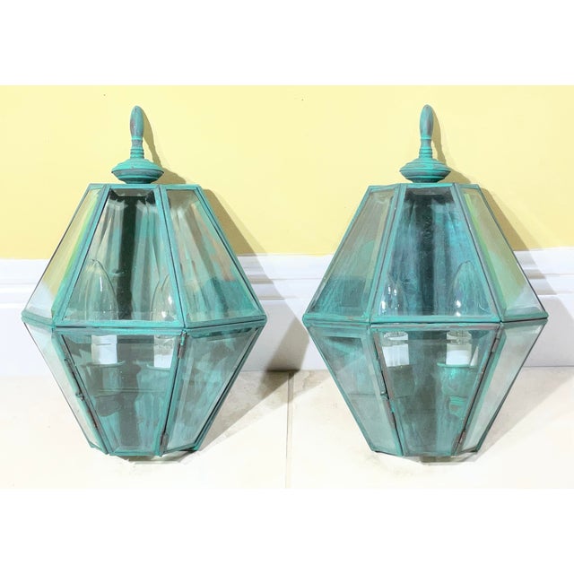 Pair of Vintage Solid Brass Verdigris Hexagonal Wall Sconces For Sale - Image 14 of 16