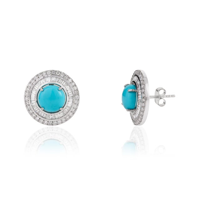 14k Gold 3.14ct Turquoise Cabochon & Diamond Double Halo Stud Earrings- A Pair For Sale - Image 4 of 15