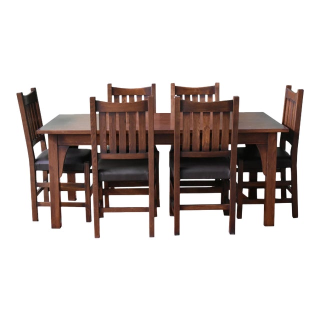 Crafters and Weavers Mission 70" Solid Oak Dining Table Set With 6 #240 Chairs - 7 Pieces For Sale