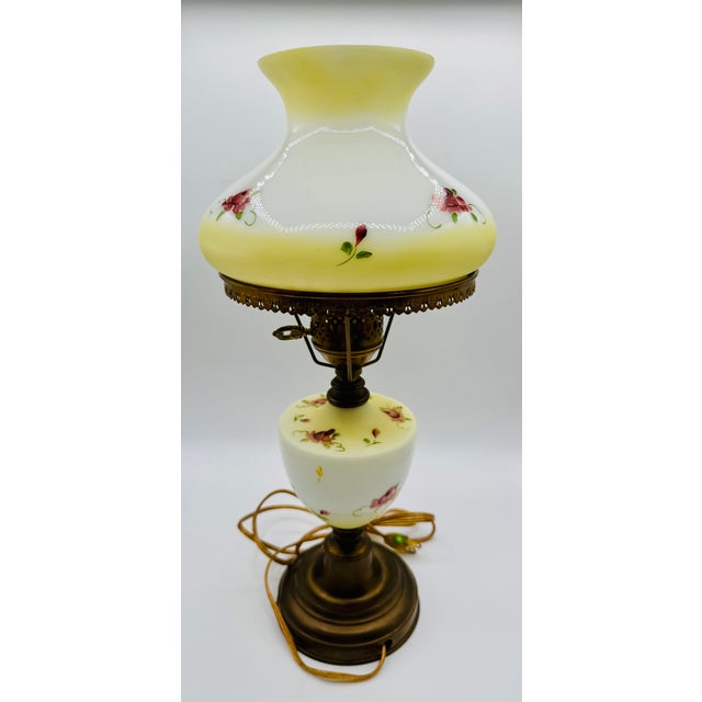 Vintage GWTW Creamy Yellow Milk Glass 18" Hand Painted Roses Lamp W/Bronze Base Signed E. Maram For Sale - Image 15 of 15