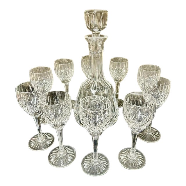 Late 20th Century Atlantis Crystal Ships Decanter and 10 Wine Glasses Made in Portugal- Set of 10 For Sale