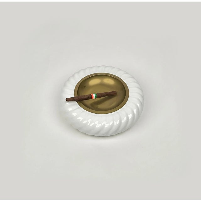Gold Italian Ashtray in White Ceramic and Brass by Tommaso Barbi, 1970s For Sale - Image 8 of 12