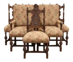 Vintage Early 20th Century Tudor Revival Carved Walnut Dining Chairs - Set of 6