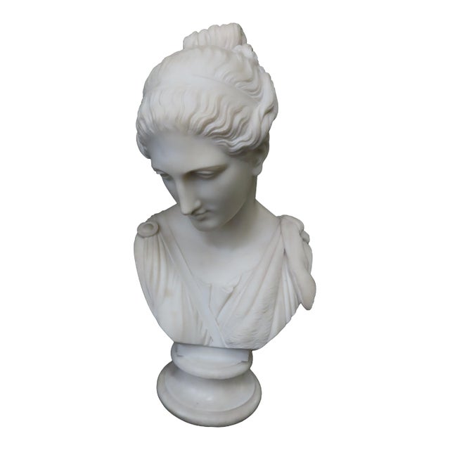 Emil Wolff Hand Carved Marble Bust of Diana With Deer Pelt Sash For Sale