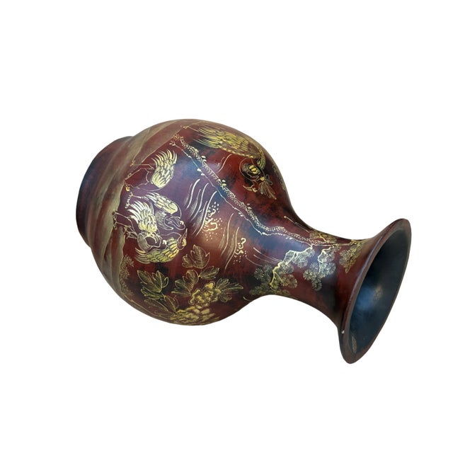Chinese Brown Lacquer Golden Scenery Decorative Wood Vase Art For Sale - Image 4 of 16