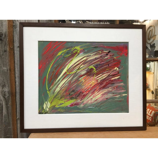 Vintage abstract painting in lime, chartreuse, watermelon, reds, and burgundy, a great combination of colors. It’s signed...