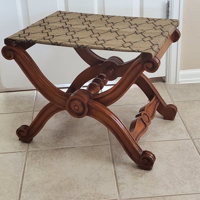Spanish Revival Late 20th Century Curule Style Carved Wood Stool Collapsible X Base Fabric Seat For Sale - Image 3 of 10