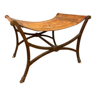 Wrought Iron and Leather Neoclassical Bench, Hoofed Feet in the Manner of Maison Jensen For Sale