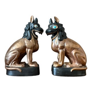Vintage Glazed Ceramic Foo Dogs - A Pair For Sale