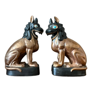 Vintage Glazed Ceramic Foo Dogs - A Pair