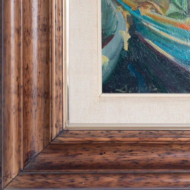 Post Impressionist Artist, Fisherman and Fishing Boats, 1980s, Oil on Canvases, Framed, Set of 2 For Sale - Image 9 of 11