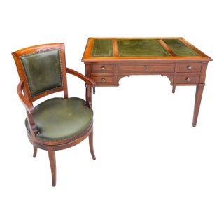 1990s Vintage Leather Top Writing Desk With Swivel Chair - Set of 2 For Sale