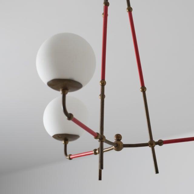 Vintage Italian Brass and Red Lacquered Chandelier with Opaline Glass, 1950s For Sale - Image 9 of 13