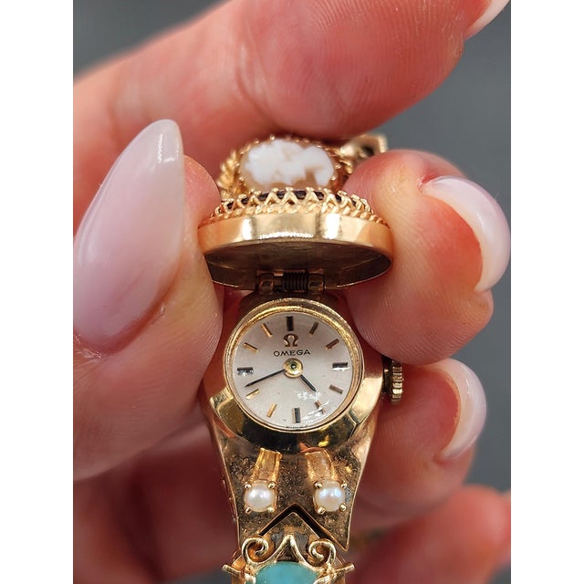 1950s 1950s 14k Yellow Gold Slide Charm Omega Gemstone Bracelet Watch For Sale - Image 5 of 16