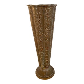 Vintage Embossed Floral Relief Tall Brass Vase For Sale