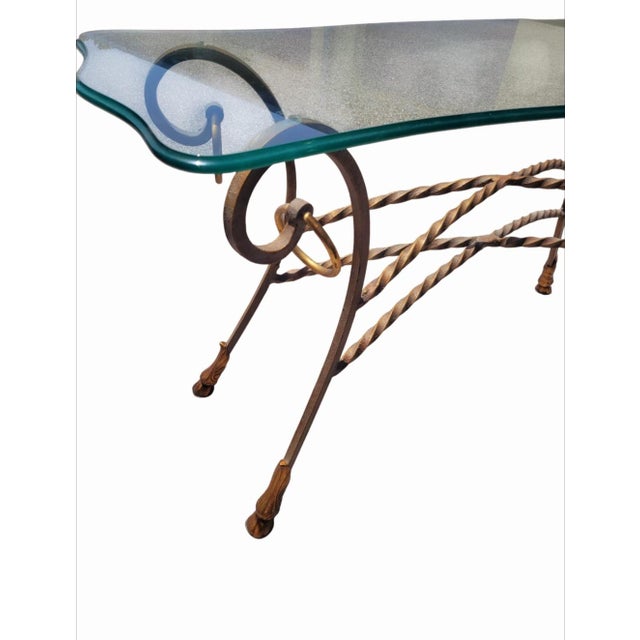 Vintage Italian Maitland Smith Style Scalloped Glass Top Iron Rope Hoof Foot Gold Console Table For Sale - Image 9 of 12