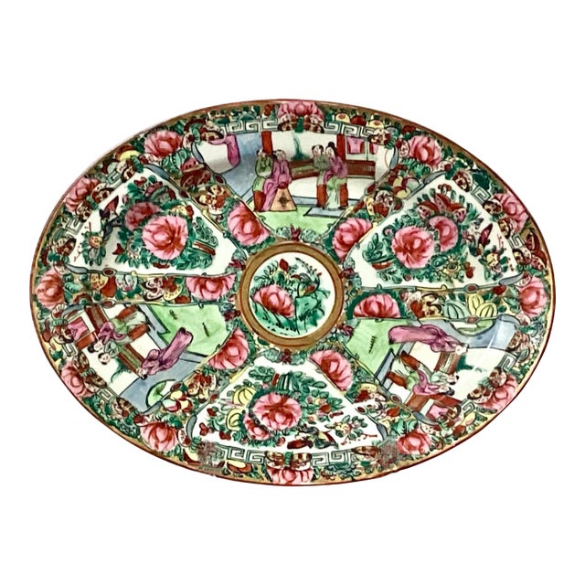 Vintage Porcelain Rose Medallion Oval Platter, Decorated in Hong Kong For Sale