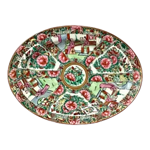 Vintage Porcelain Rose Medallion Oval Platter, Decorated in Hong Kong