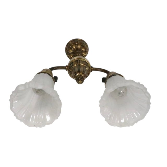 Brass Early Electric Brass and Glass Two Arm Light Fixture C. 1900/20's For Sale - Image 8 of 18