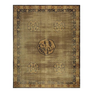 1900s Solid Brown Field Dragon Medallion Antique Chinese Handknotted Wool Rug For Sale