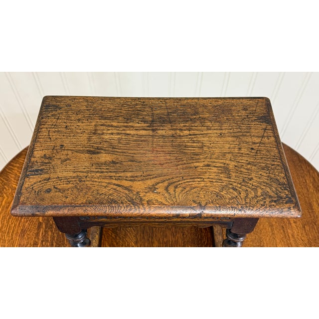 Wood Antique English Footstool Bench Stool Joint Stool Barley Twist Carved Oak c.1900 For Sale - Image 7 of 16