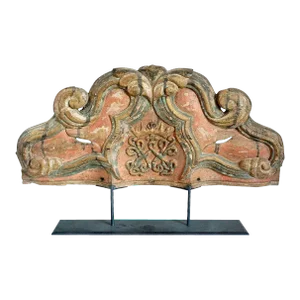 Indo-Portuguese Painted Teak Baroque Altar Architectural Panel With Royal Crest