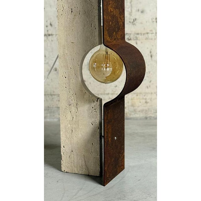 Oculus Ox Floor Lamp in Rough Iron & Travertine by D´ARK Atelier For Sale - Image 11 of 13