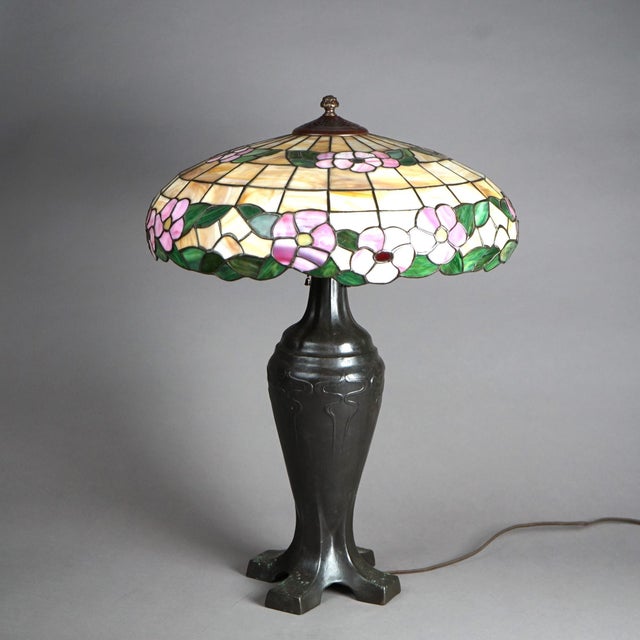 Antique Arts & Crafts Handel Style Leaded Glass Table Lamp on Bronze ...