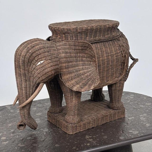 Brown Large Vintage Bohemian Wicker Elephant Plant Stand For Sale - Image 8 of 8