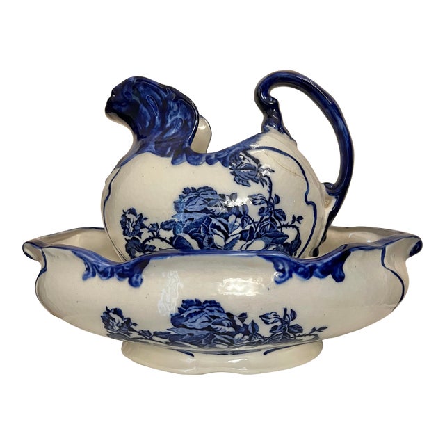 Antique Pitcher & Wash Basin Bowl Ironstone Staffordshire Set of 2 For Sale