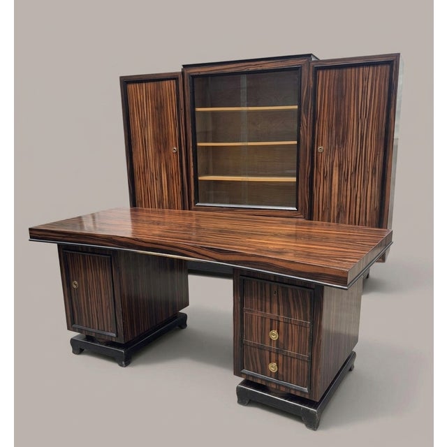 Brown French Art Deco Makassar Study with Crescent-Shaped Desk, 1930, Set of 2 For Sale - Image 8 of 10