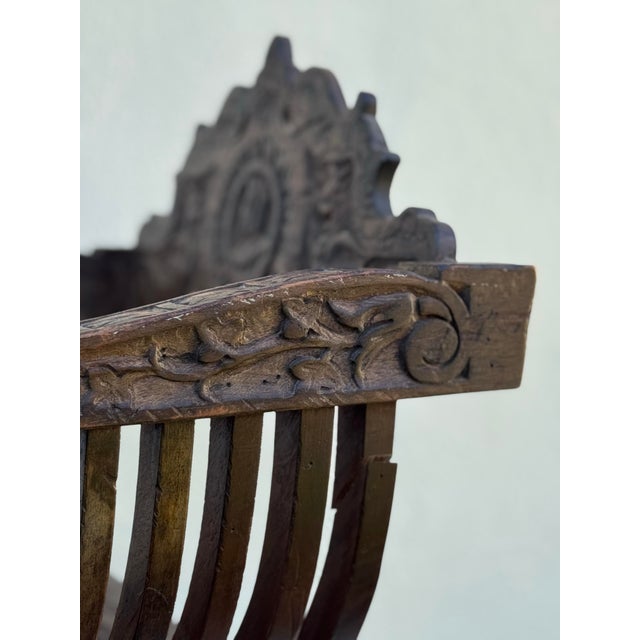 Coffee Antique Wood Side Chair: Savonarola Carved Hardwood Antique Chair For Sale - Image 8 of 12