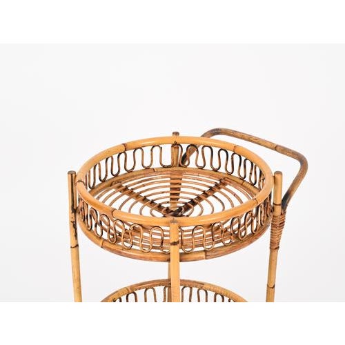 Mid-Century Modern French Riviera Bamboo and Rattan Round Bar Cart by Franco Albini, 1960s For Sale - Image 9 of 11