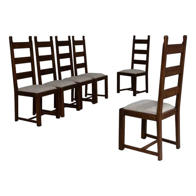 1970s French Oak Brutalist Dining Chairs With Upholstered Seats - Set of 6 For Sale