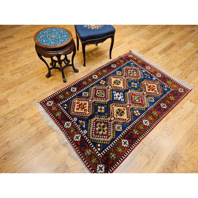 Vintage Persian Shiraz Yalameh Tribal Area Rug, Hand-Knotted Wool, Allover Geometric Pattern, Blue & Red, 3x5 For Sale In Chicago - Image 6 of 17