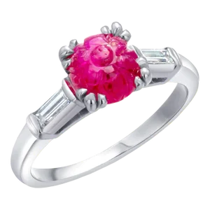 Vintage Gia Certified No Heat Burma Carved Ruby Platinum Baguette Diamond Ring Size 6.75