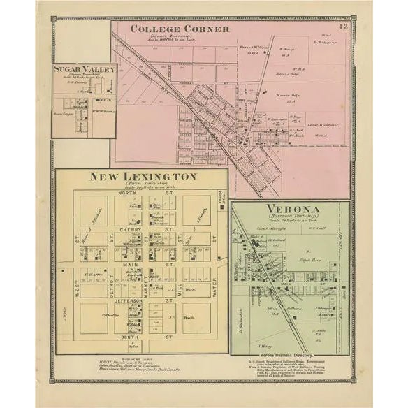 Antique Map of College Corner, Sugar Valley, New Lexington & Verona, 1871 For Sale