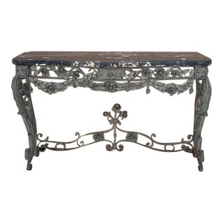 19th-C. French Wrought Iron Draped Floral and Marble Top Console Table For Sale
