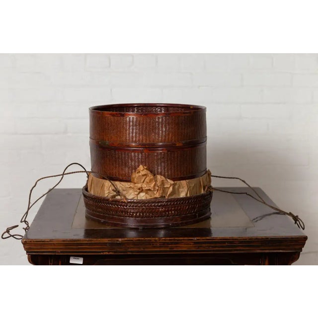 Chinese Chinese 19th Century Tiered Food Basket with Stacking Parts, Paper and Rope Ties For Sale - Image 3 of 13