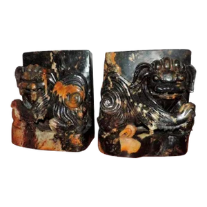 Antique 19th Century Chinese Carved Stone Foo Dog Lion Book Ends - a Pair