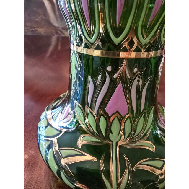 Antique Moser Bohemian Glass Emerald Green Gilded Vase For Sale - Image 4 of 11