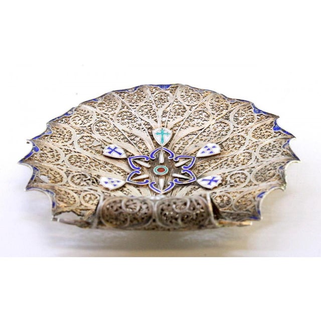 Filigree Silver Ring with Portuguese Symbols in Enamel and Ball-Shaped Feet, in Very Good conditions. Designed 1890 to...