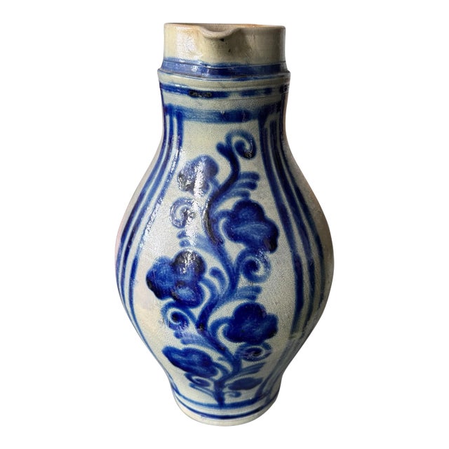 Primitive Antique Country Blue Floral Decorated Stoneware Pitcher For Sale