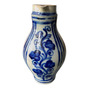 Primitive Antique Country Blue Floral Decorated Stoneware Pitcher