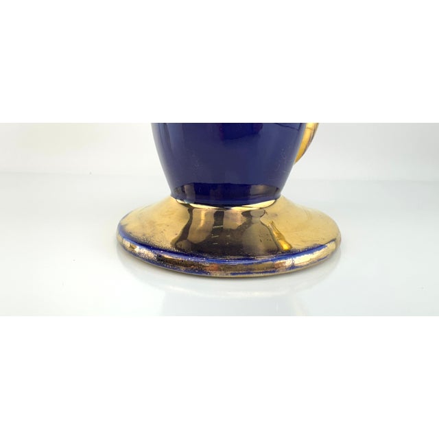 Blue Vintage Mid Century Cobalt Blue & Gilt Art Pottery Pitcher, European Ceramic For Sale - Image 8 of 9