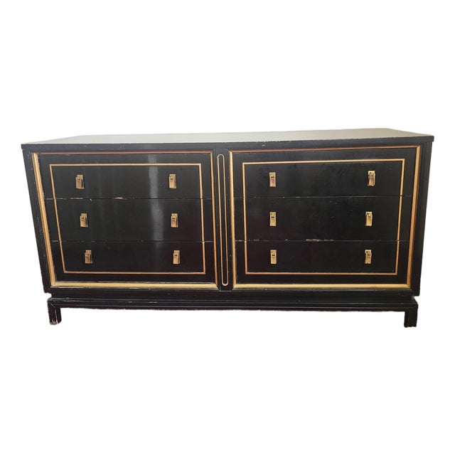 Mid-Century American of Martinsville Black Lacquer & Gold 6-Drawer Dresser For Sale