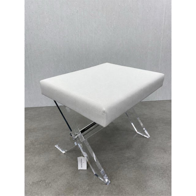 X Base Lucite Acrylic Stool with Nickel Stretcher and White Linen Seat. New, box has been opened. Decided not to use, have...