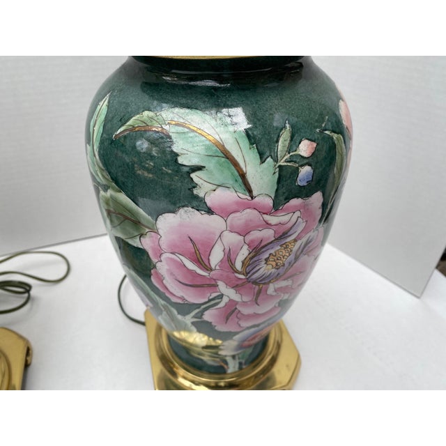 Wildwood Vintage Chinoiserie Green Ceramic Floral Table Lamps With Brass Bases a Pair For Sale - Image 4 of 18